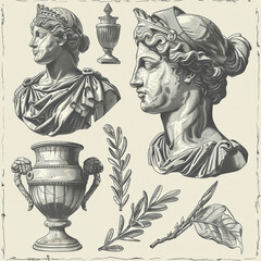 A hand-drawn depiction of antique statues showcasing the elegant head of a Grecian woman - obrazy, fototapety, plakaty