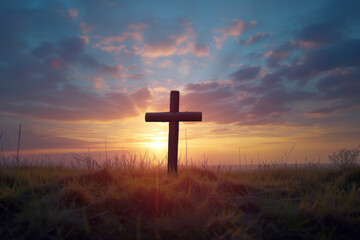 Symbolizing Crucifixion of Jesus Christ, Easter cross is seen at dawn AI Generative