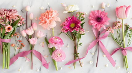 Various pink spring blossoms are neatly arranged and tied with ribbons on a sleek marble surface