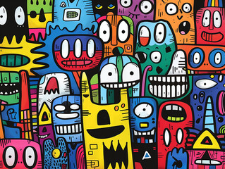 A hand-drawn scene of a cheerful group of abstract cartoon characters varying in appearance and style