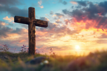 Easter cross on dawn as symbol Crucifixion of Jesus Christ AI Generative - obrazy, fototapety, plakaty