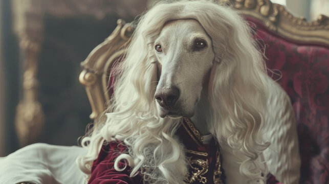 A majestic Afghan Hound sits elegantly on a royal chair, adorned with a lavish costume, exuding nobility