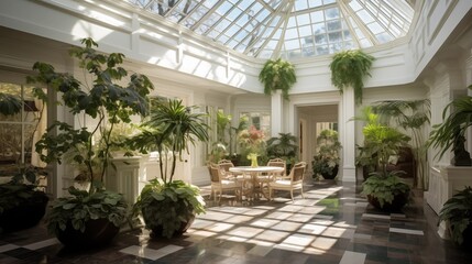 Light-filled conservatory atrium with skylights, lush greenery, and water features