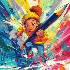 A hand-drawn vector illustration of a young enthusiastic character holding an oversized pencil