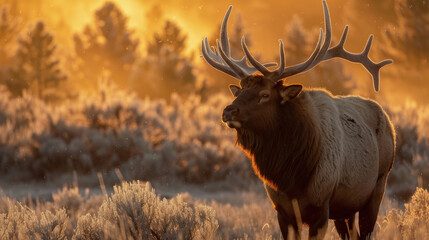 A large elk stands proudly atop a dry grass field, its majestic antlers contrasting with the golden landscape