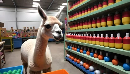 Fotobehang A Llama In A Toy Factory Making Toys © Komar
