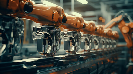 A close-up of a mechanical arm in an automotive assembly line installing car components.