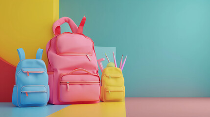 School backpack and stationery on color background