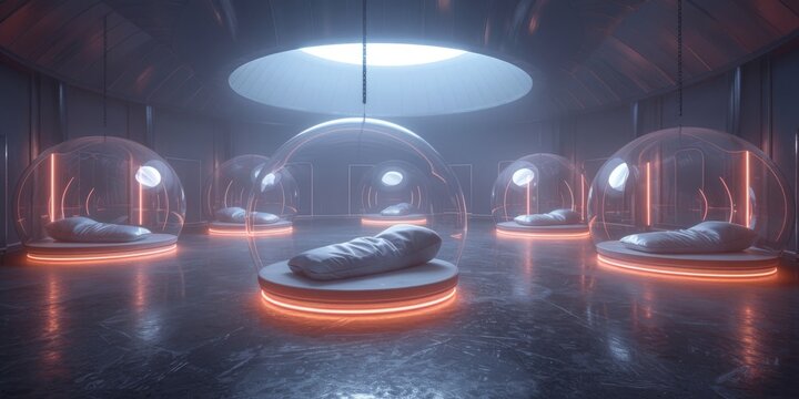 Dreamlike 3D render of a serene, underwater research facility with bio-luminescent walls, transparent, bubble-like pods, and advanced, neural-link technology for immersive, aquatic exploration