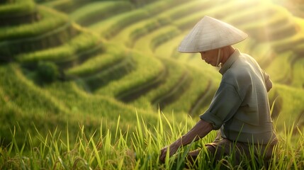Vietnamese Farmer Harvesting Rice in Lush Terraced Paddy Field with Conical Hat and Serene Expression Capturing the Tradition and Hard Work of Asian - obrazy, fototapety, plakaty