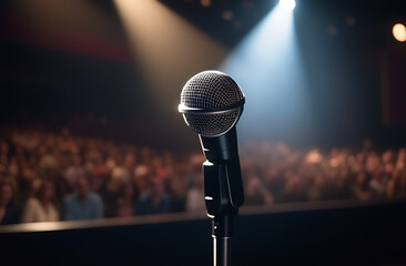 A single, sleek microphone stands on an illuminated stage, bathed in a dramatic spotlight with a dark, blurred background hinting at an expectant audience