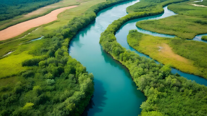 Photo real for Aerial view of a winding river through lush wetlands in Summer Season theme ,Full depth of field, clean bright tone, high quality ,include copy space, No noise, creative idea