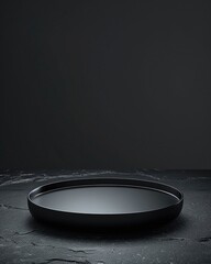 Sleek black backdrop with a 3Drendered minimalist product, subtle shadows, vibrant details ,3D render