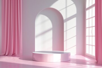Modern trending lightweight pink background for product presentation with shadow and light from windows. Empty podium
