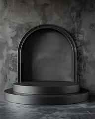 Sleek black backdrop with a 3Drendered minimalist product, subtle shadows, vibrant details ,3D render