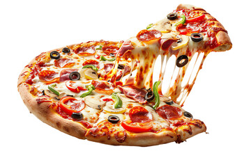Delicious pizza with cheese, pepperoni, and tomato sauce, isolated