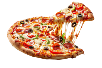 Delicious pizza with cheese, pepperoni, and tomato sauce, isolated