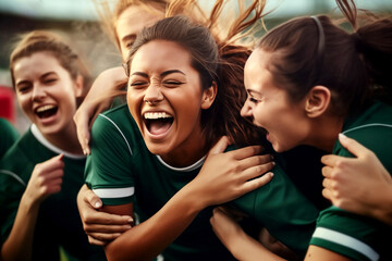 women female soccer football group of players celebrating a triumph win or winning a league, cup or tournament in a stadium by cheering in joy and punching the air elated in victory green kit - obrazy, fototapety, plakaty