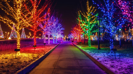 A pathway bordered by trees adorned with sparkling Christmas lights, creating a festive ambiance