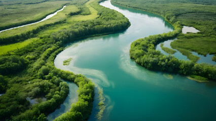 Fototapeta na wymiar Photo real for Aerial view of a winding river through lush wetlands in Summer Season theme ,Full depth of field, clean bright tone, high quality ,include copy space, No noise, creative idea
