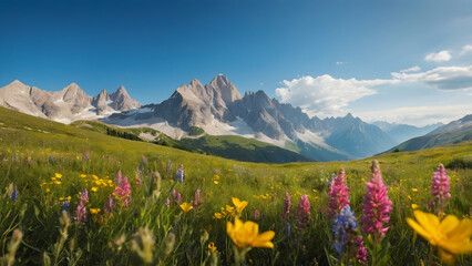 Photo real for Alpine meadow with wildflowers and a distant mountain range in Summer Season theme ,Full depth of field, clean bright tone, high quality ,include copy space, No noise, creative idea