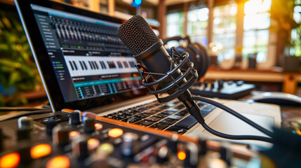 Music Production Studio, Professional Audio Equipment, Technology and Sound Recording Concept