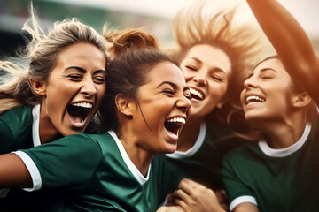 women female soccer football group of players celebrating a triumph win or winning a league, cup or tournament in a stadium by cheering in joy and punching the air elated in victory green kit - obrazy, fototapety, plakaty