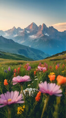 Photo real for Alpine meadow with wildflowers and a distant mountain range in Summer Season theme ,Full depth of field, clean bright tone, high quality ,include copy space, No noise, creative idea - obrazy, fototapety, plakaty