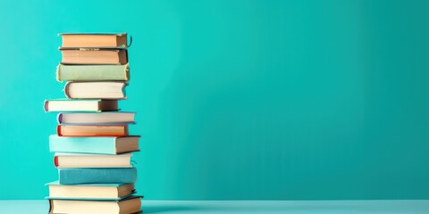 Various stacks of books on minimalist flat color background with copy space above