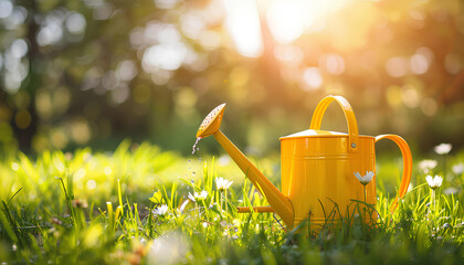 yellow watering can on grass on blurred nature background