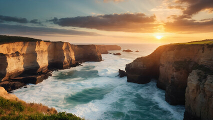 Photo real for Coastal cliffs at sunset with waves crashing below in Summer Season theme ,Full...