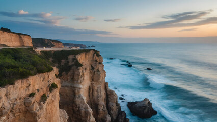 Photo real for Coastal cliffs overlooking the ocean during a calm summer evening in Summer Season...