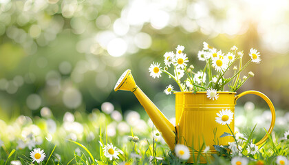 yellow watering can with chamomiles on grass on blurred nature background