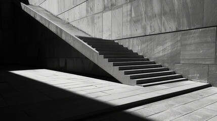 A monochrome staircase with steps ascending vertically, creating a stark contrast between light and shadow - obrazy, fototapety, plakaty