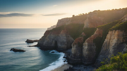 Photo real for Coastal cliffs overlooking the ocean during a calm summer evening in Summer Season...