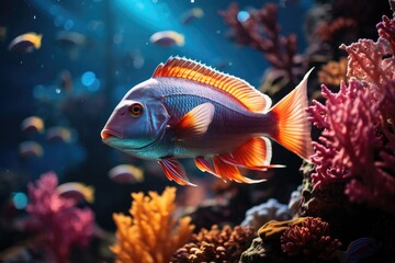 Fototapeta na wymiar Colorful fish dancing in coral reef., generative IA
