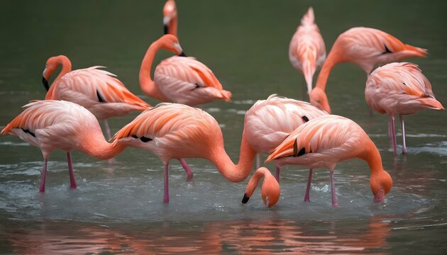 Flamingos With Their Heads Buried In Water Feedin