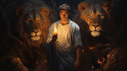 The lions lying docilely beside Daniel as he offers his prayers, depicting the profound tranquility and serenity that emanate from a steadfast connection to the divine - obrazy, fototapety, plakaty