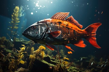 Colorful fish exploring underwall wreck., generative IA - obrazy, fototapety, plakaty