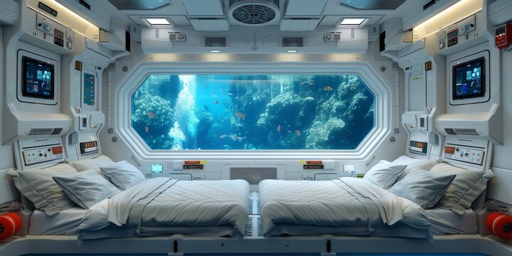 Dreamlike 3D render of a serene, underwater research facility with bio-luminescent walls, transparent, bubble-like pods, and advanced, neural-link technology for immersive, aquatic exploration