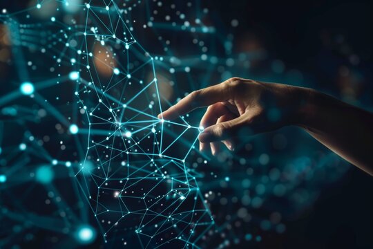 A doctor's hand using a next generation technology screen, touching digital data network connections for future analytics.