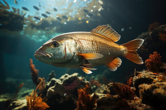 Colorful fish exploring underwall wreck., generative IA