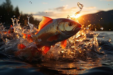 Fish jumps to capture flying insects at sunset., generative IA - obrazy, fototapety, plakaty