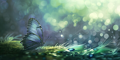 Blue butterfly and green peacock feathers bokeh spiritual message background
- 767992523