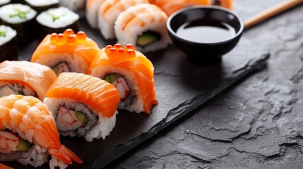Traditional japanese Sushi roll set with salmon, avocado, cucumber and cream cheese on black stone background