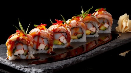 Traditional japanese Sushi roll set with salmon, avocado, cucumber and cream cheese on black stone background