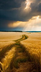 Photo real for Golden wheat field with a summer storm brewing in the distance in Summer Season theme ,Full depth of field, clean bright tone, high quality ,include copy space, No noise, creative idea