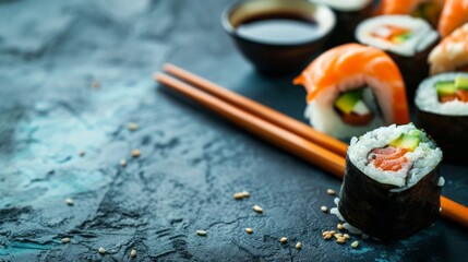 Traditional japanese Sushi roll set with salmon, avocado, cucumber and cream cheese on black stone background - Powered by Adobe
