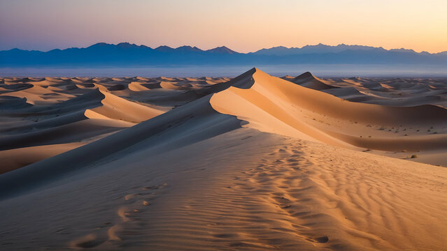 Photo real for Desert dunes at twilight during the hot summer months in Summer Season theme ,Full depth of field, clean bright tone, high quality ,include copy space, No noise, creative idea