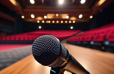 A single, sleek microphone stands on an illuminated stage, bathed in a dramatic spotlight with a dark, blurred background hinting at an expectant audience